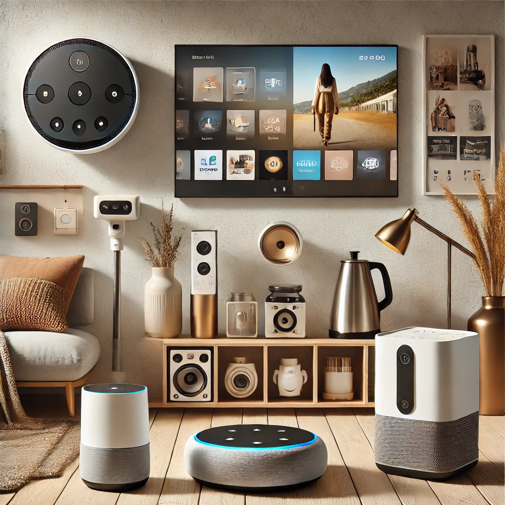 A visually appealing collage of gadgets ideal for single living, showcasing a modern and cozy apartment setting. Include a robot vacuum cleaner, a smart speaker (like Amazon Echo), a compact electric kettle, a portable projector displaying a movie on a wall, and a sleek digital kitchen scale on a countertop. Use neutral and warm colors to create a welcoming atmosphere.