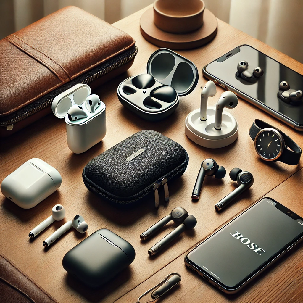 A sleek and visually engaging setup showcasing premium wireless earbuds. Include earbuds like AirPods, Sony WF-1000XM4, and Bose QuietComfort Earbuds placed stylishly on a wooden table, accompanied by a smartphone and a minimalist case. Soft natural lighting enhances the scene, reflecting a modern and elegant lifestyle.