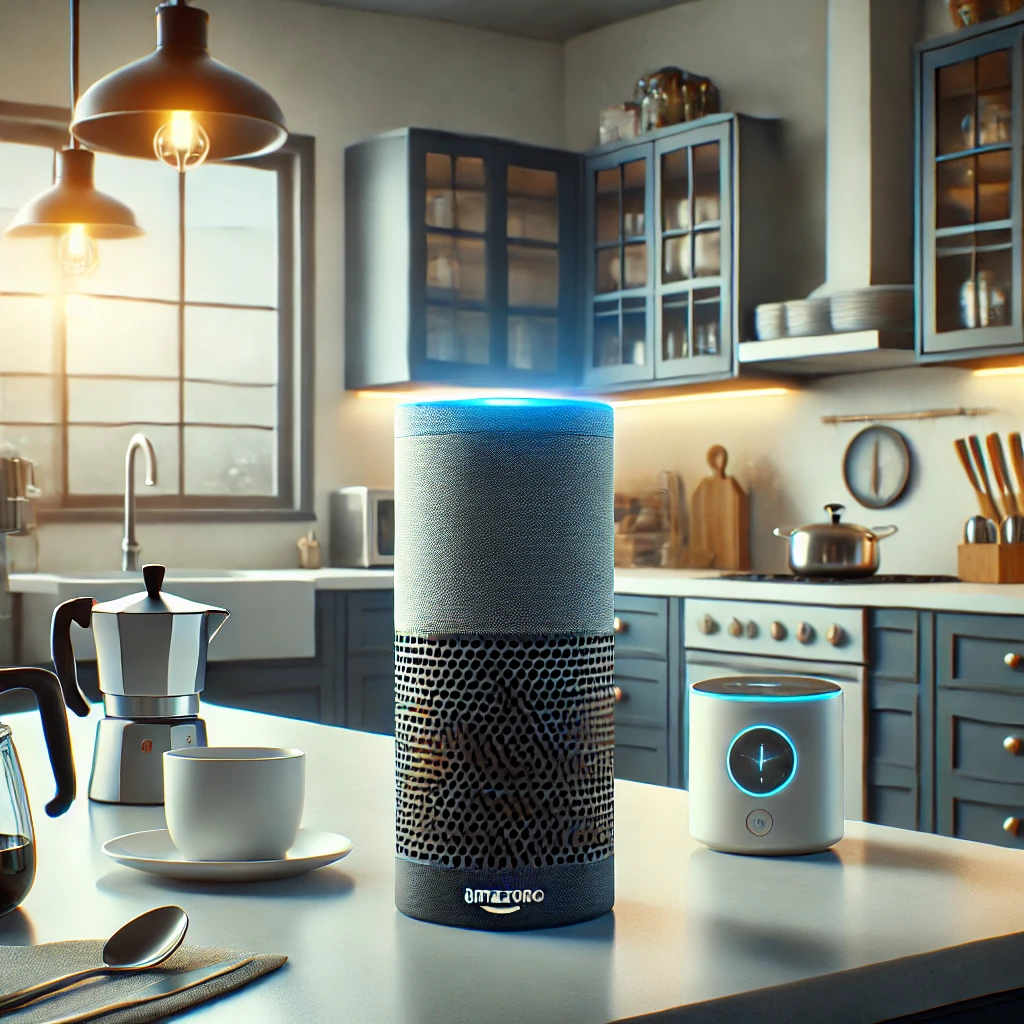 A visually engaging image showcasing an Amazon Echo device on a modern kitchen counter, surrounded by smart home appliances like a coffee maker, lights, and a thermostat, all hinting at seamless integration. The kitchen has a bright, minimalistic design, with a window letting in natural light. The Echo is activated, with its LED ring glowing in blue, and a subtle overlay text: 'Amazon Echo in Action: Your Smart Home Hub.'